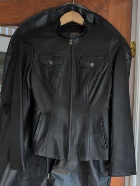 Black Leather Zip-Up Jacket with Chest Pockets Size M